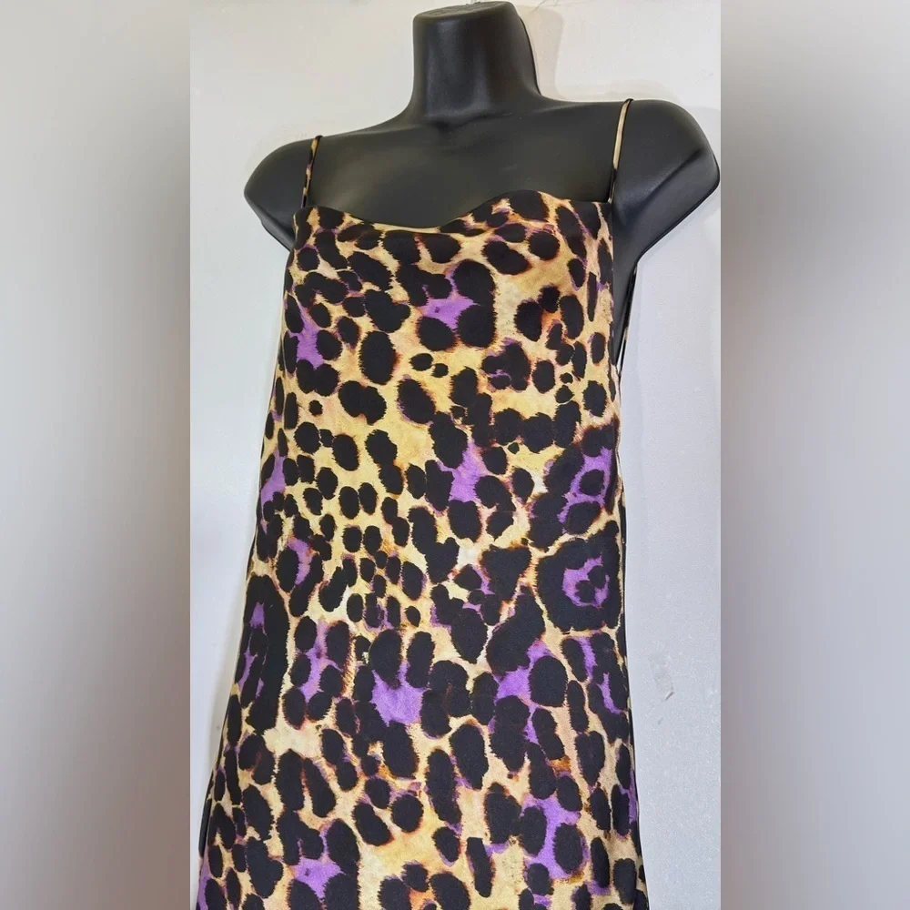 Zara Satin Effect Leopard Purple Slip Spaghetti Strap Midi Dress | Size S